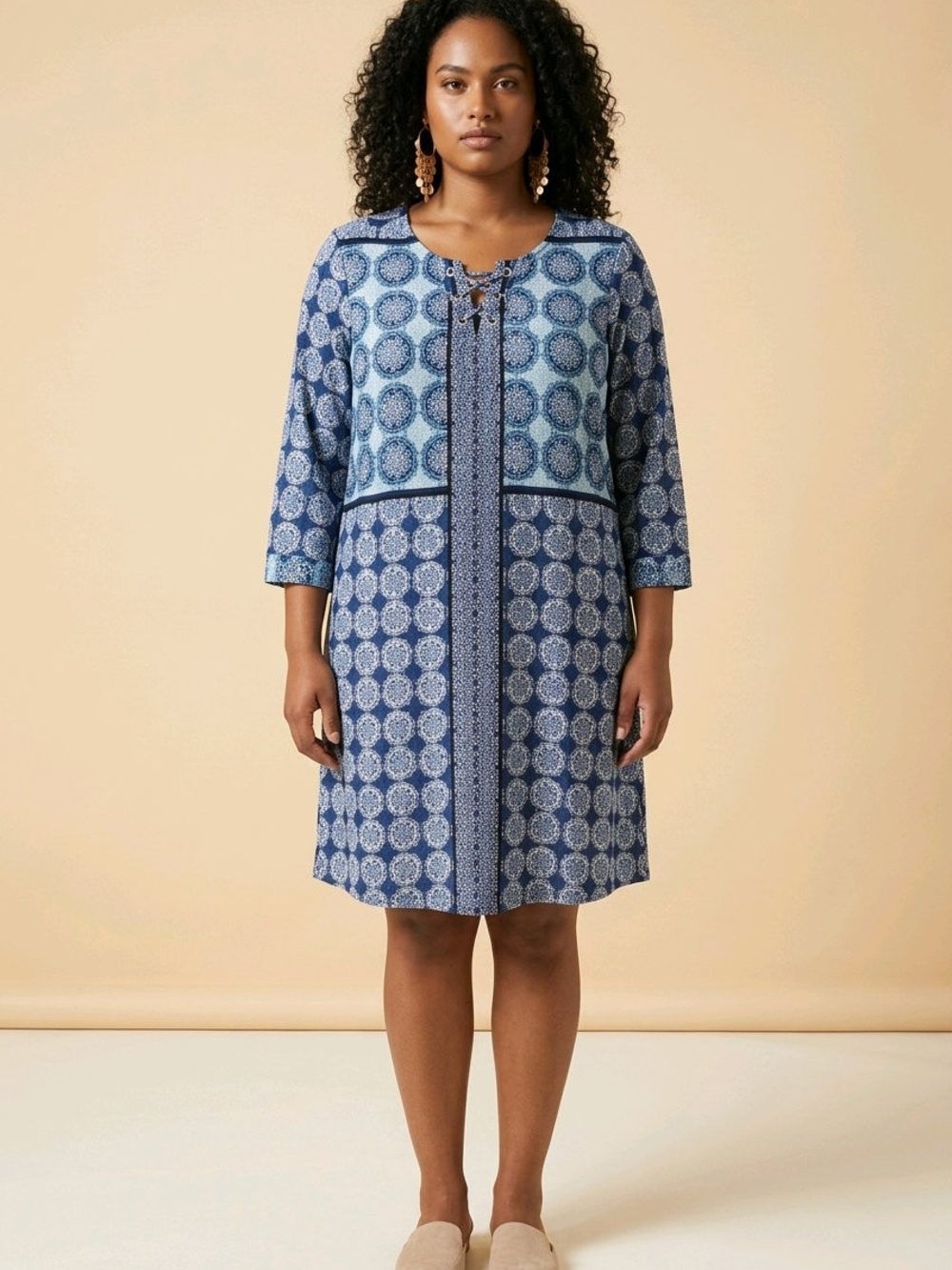 New Directions Curvy Blue Geometric Print Shift Dress | 1X